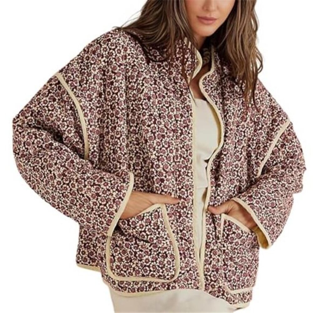 Womens Cropped Quilted Jacket Floral Print Puffer Cardigan Coat Lightweight